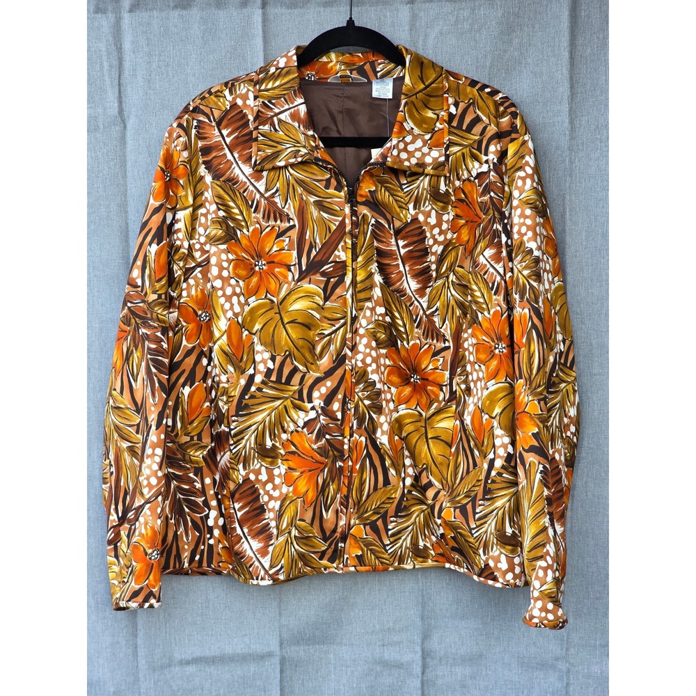 Laura Ashley Woman 2X Tropical Floral Zip Front Jacket Orange Brown Cotton Blend